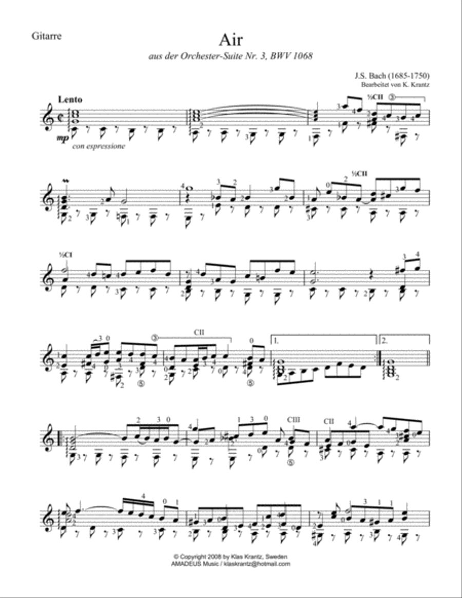 Air (on the G string) BWV 1068 for guitar solo (C Maj) Acoustic Guitar scores gallery preview page 2