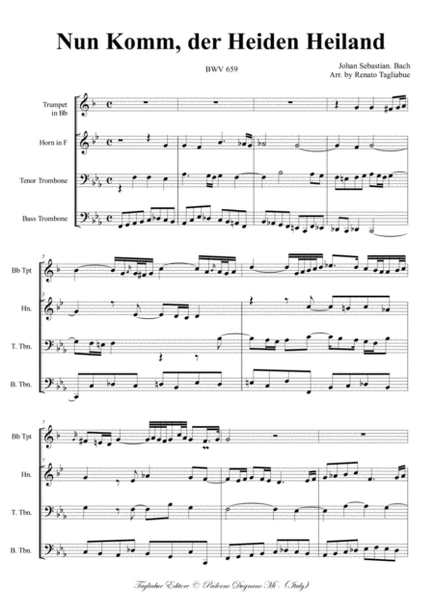 BACH - NUN KOMM, DER HEIDEN HEILAND - BWV 659 - Arr. for Brass quartet image number null