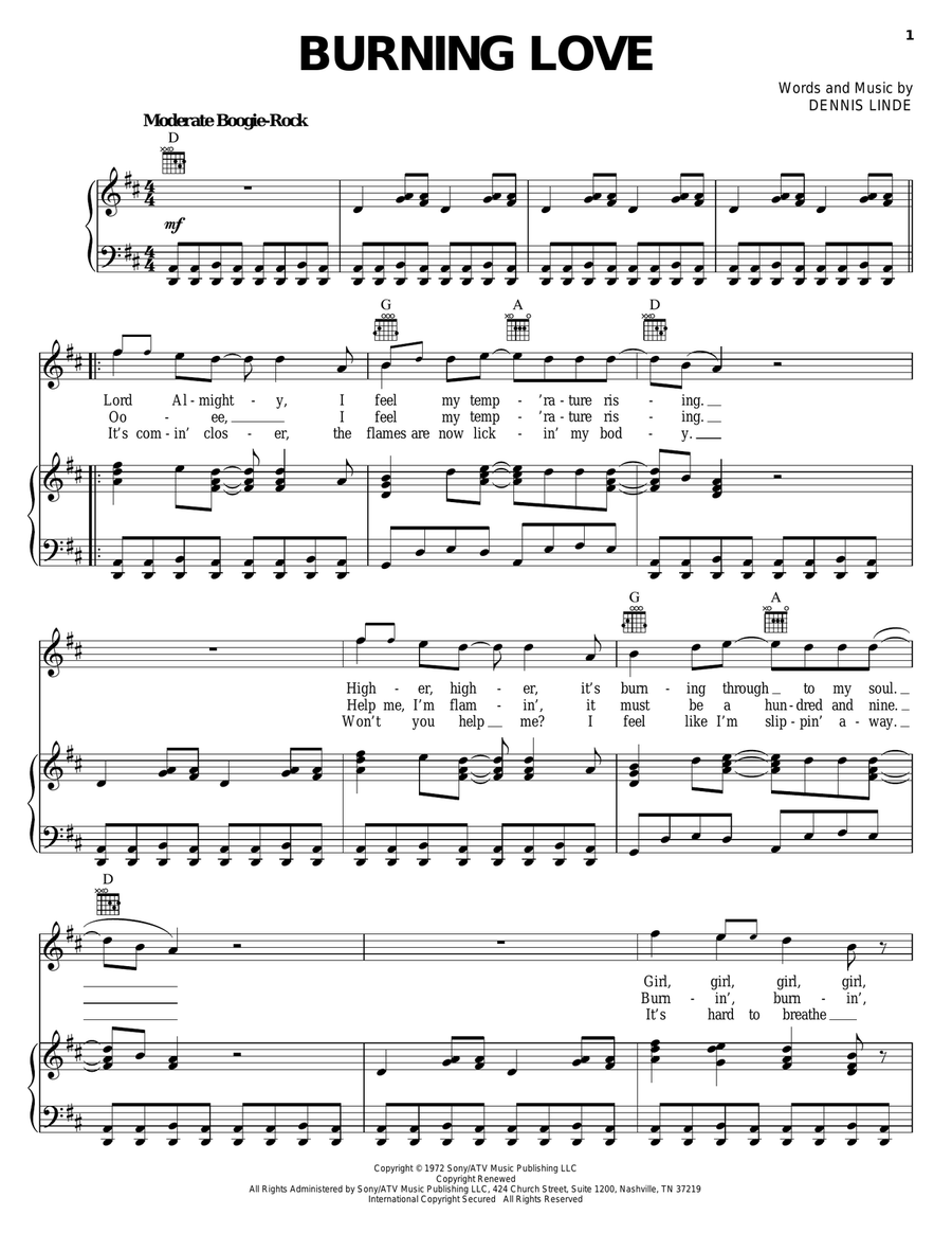 Burning Love Piano, Vocal, Guitar scores gallery preview page 1