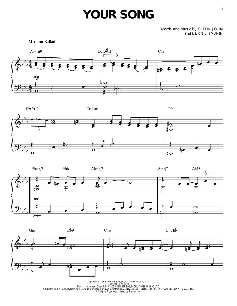 Your Song [Jazz version] (arr. Brent Edstrom) Piano Solo scores gallery preview page 1