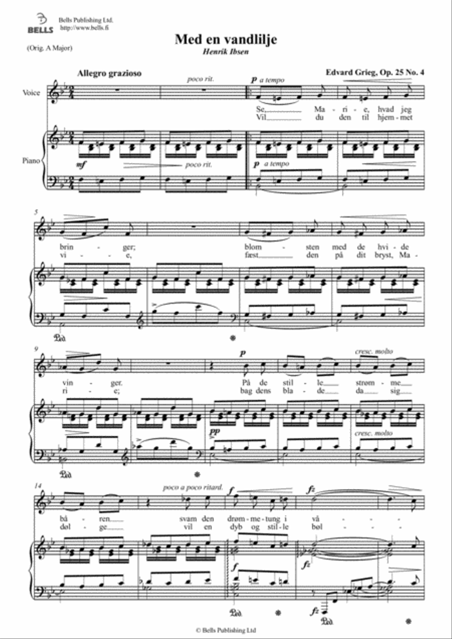 Med en vandlilje, Op. 25 No. 4 (B-flat Major) Voice Solo scores gallery preview page 1