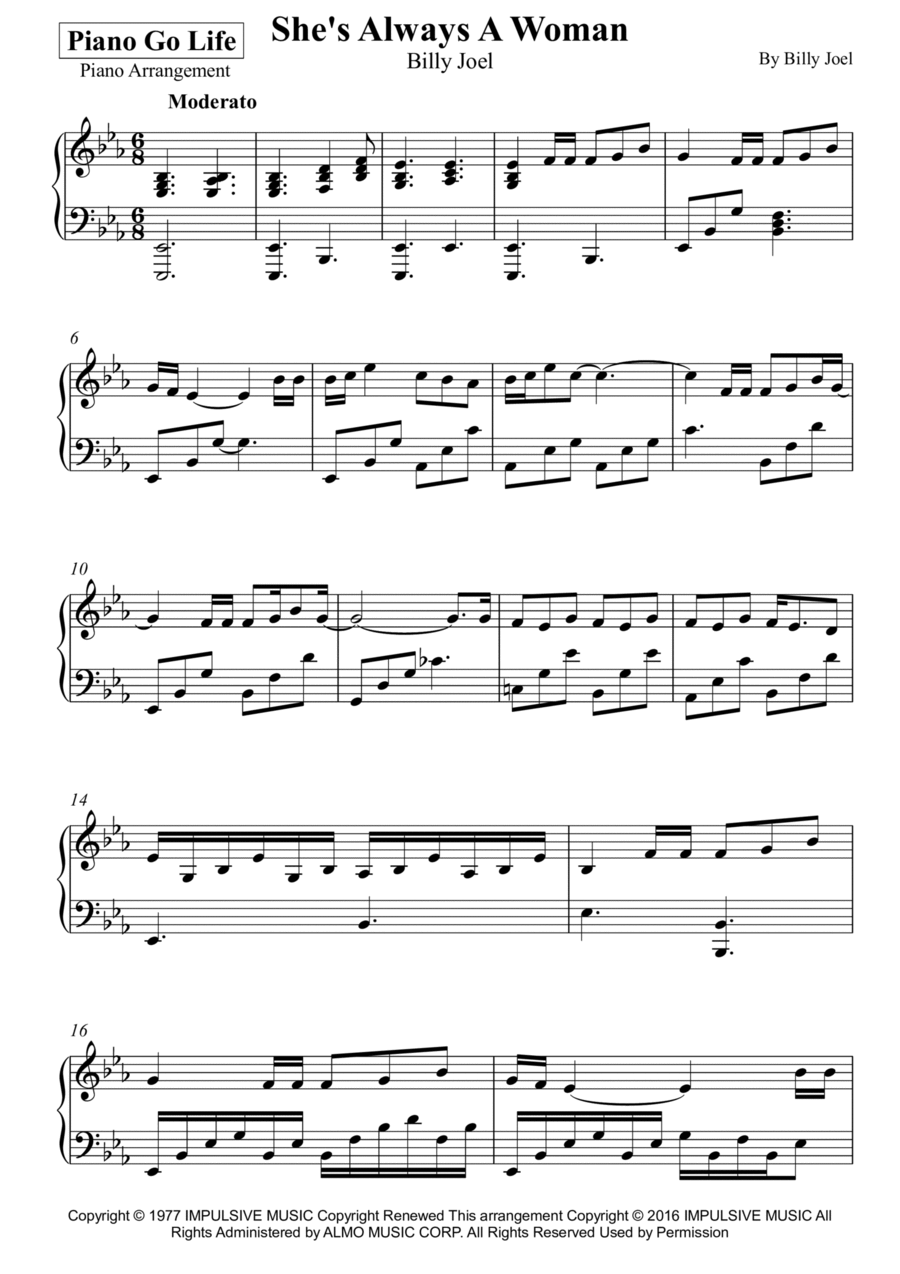 She's Always A Woman She's Always A Woman Piano Solo scores gallery preview page 1