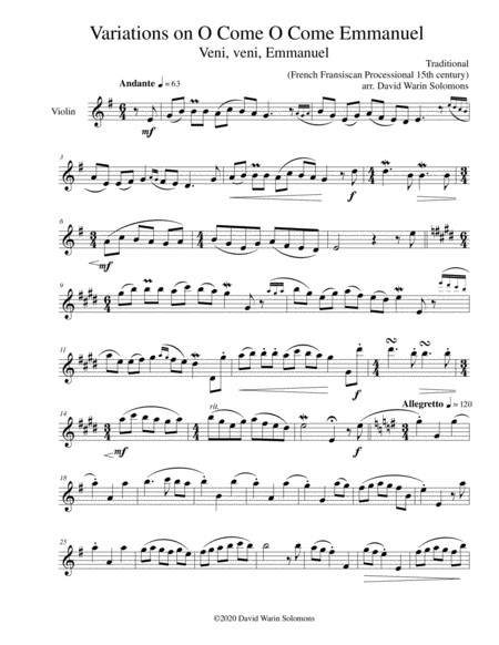 Variations on O come o come Emmanuel (Veni Veni Emmanuel) for violin solo image number null