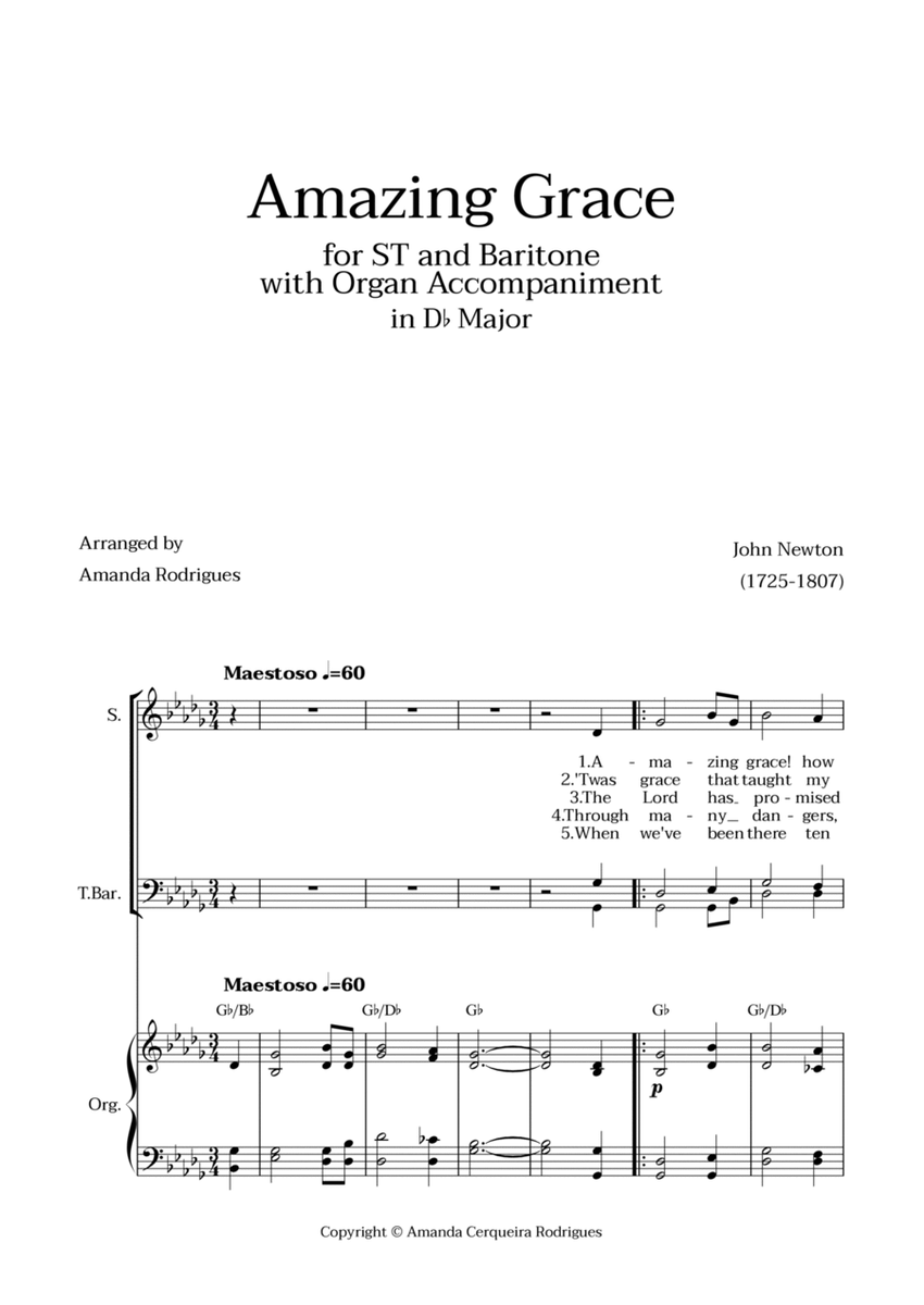 Amazing Grace in Db Major - Soprano, Tenor and Baritone with Organ Accompaniment and Chords image number null