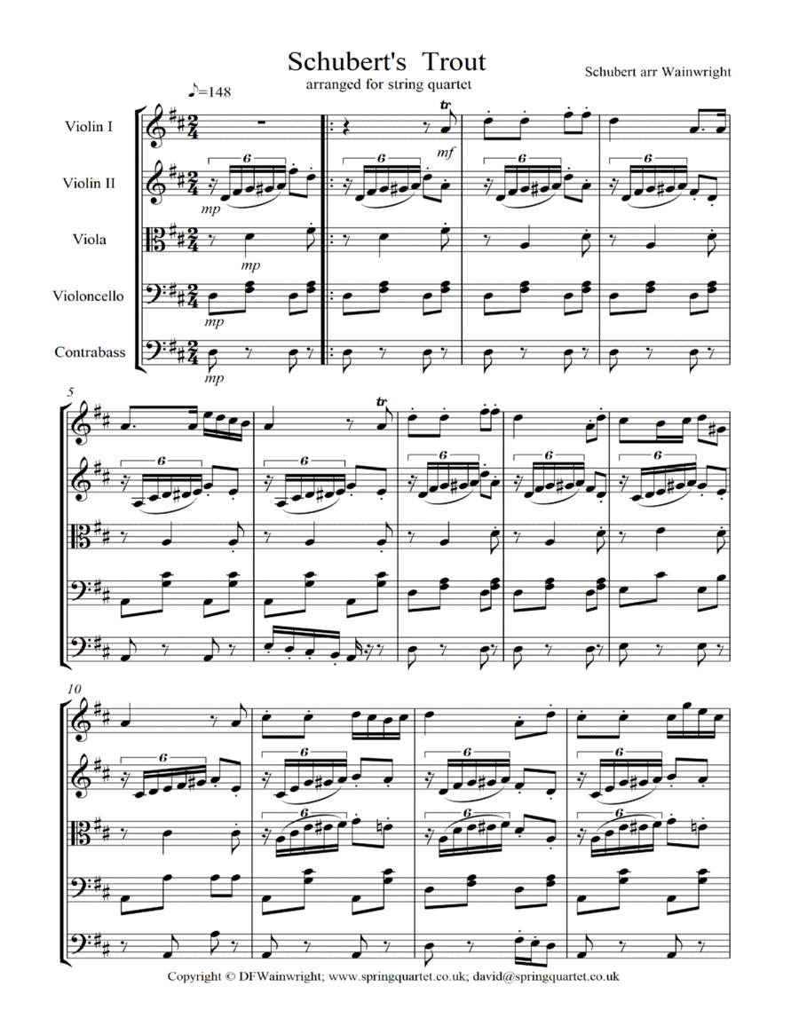 Schubert's leider The Trout arranged for String Quartet with optional Bass String Quartet scores gallery preview page 1
