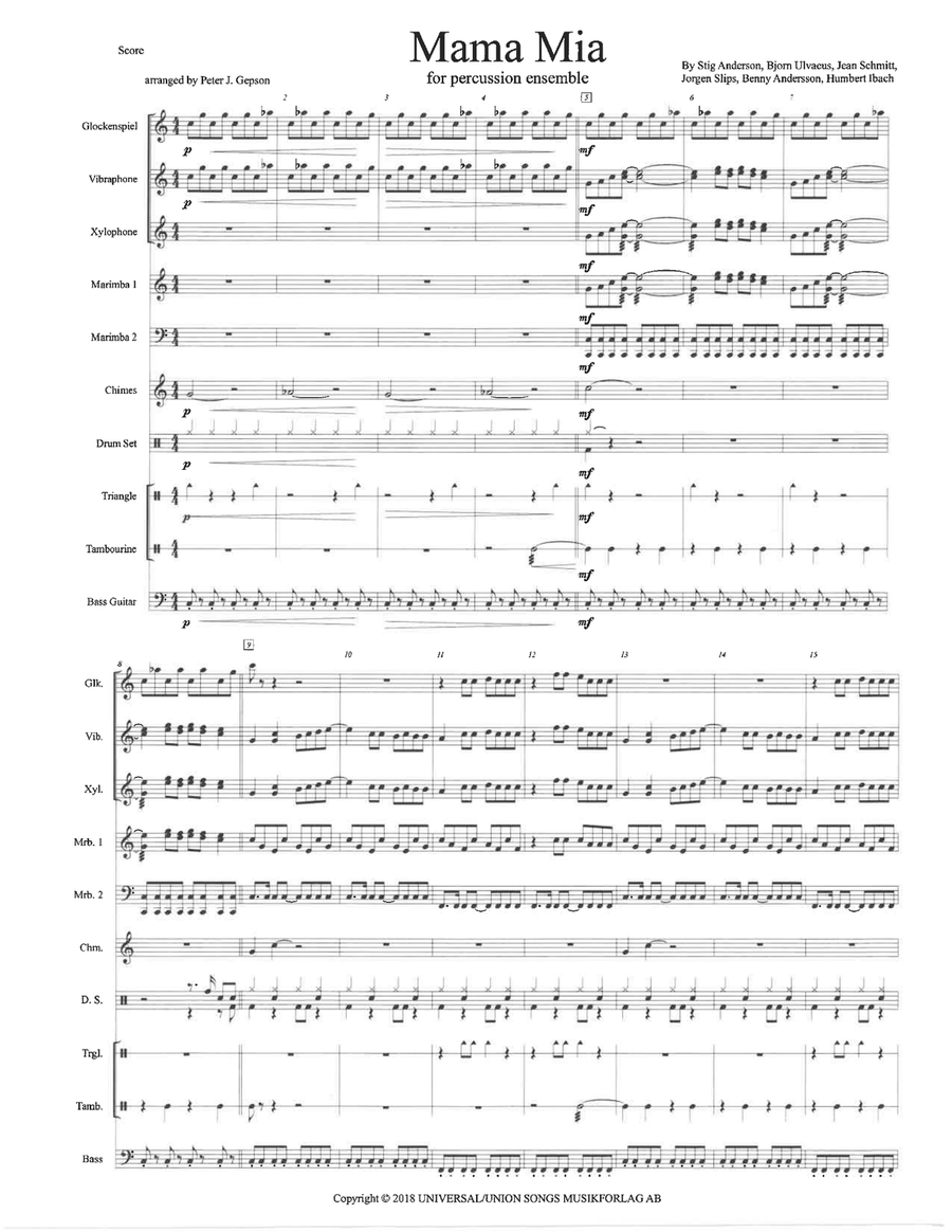 Mama Mia Percussion Ensemble scores gallery preview page 1