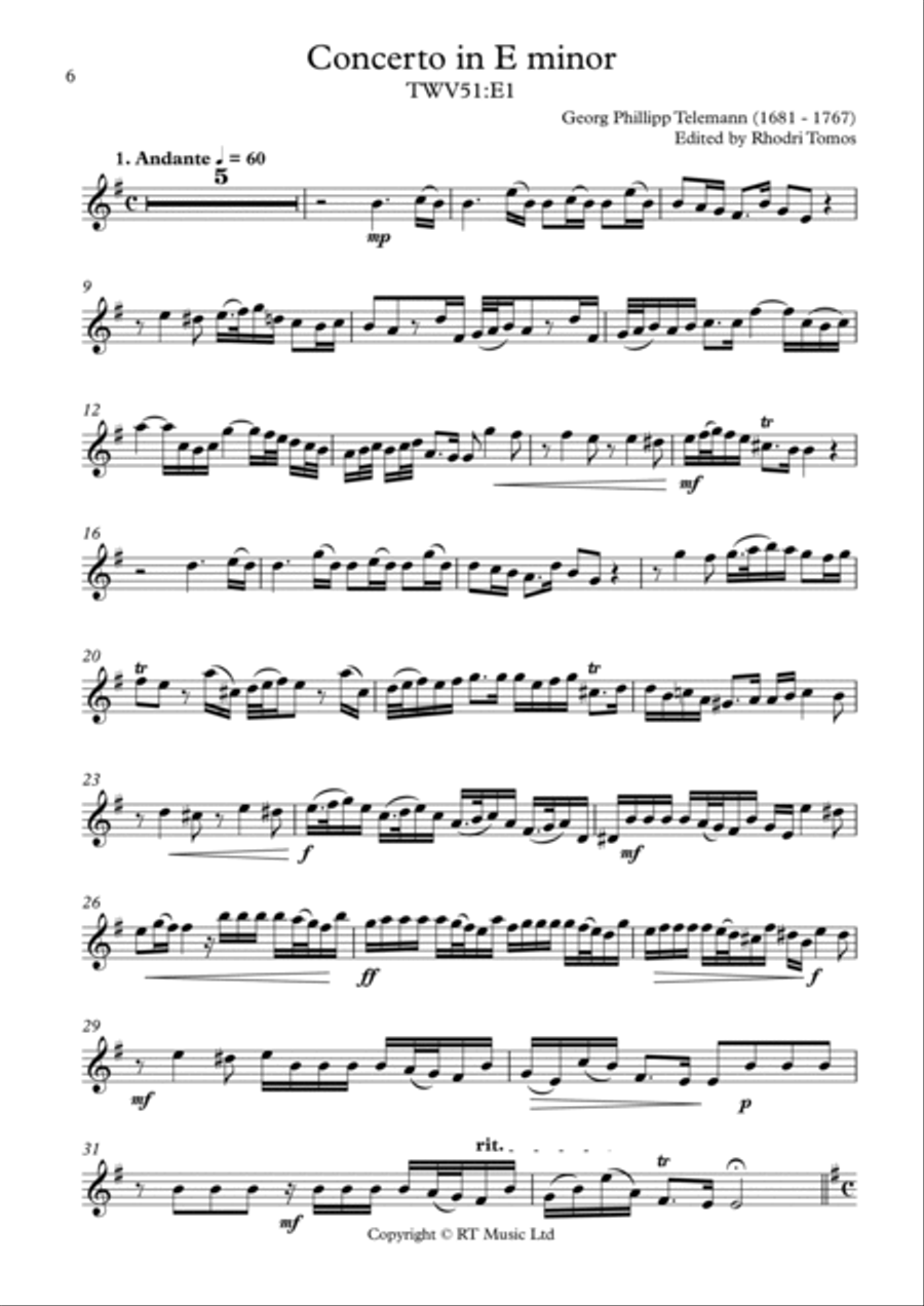 Telemann Concerto in E minor (TWV51:E1). Solo parts for oboe and trumpets. Oboe scores gallery preview page 6