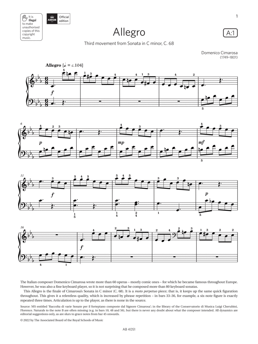 Allegro (Grade 5, list A1, from the ABRSM Piano Syllabus 2023 & 2024) Piano Method scores gallery preview page 1