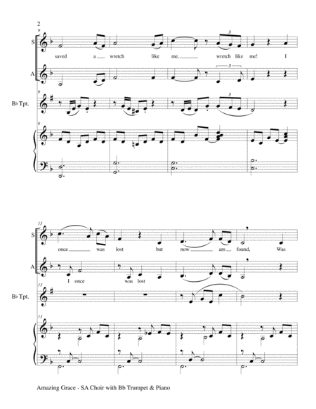 AMAZING GRACE (SA Choir with Bb Trumpet & Piano - Score & Parts included) image number null