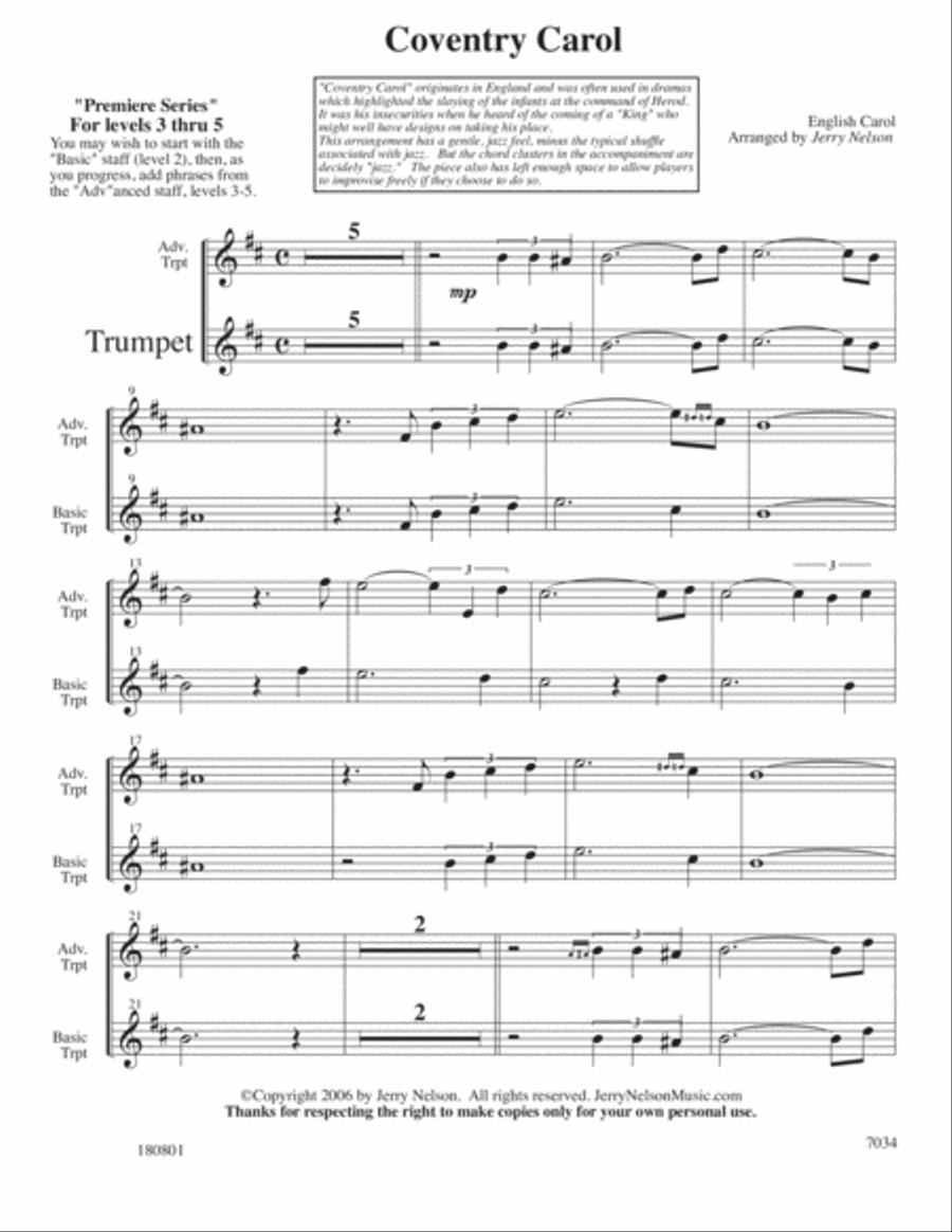 Coventry Carol (Arrangements 3-5 for TRUMPET + Written Acc) Trumpet Solo scores gallery preview page 2