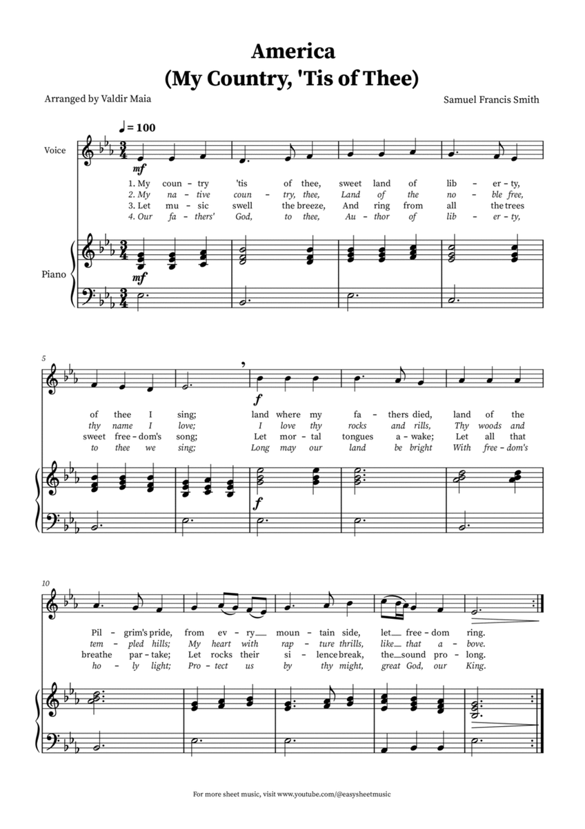 America (My Country, 'Tis of Thee) - Voice and Piano in E-flat image number null