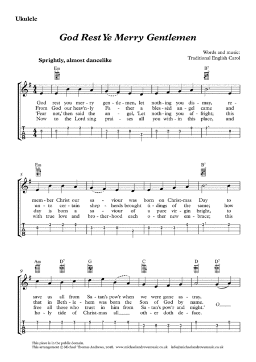 God Rest, Ye Merry Gentlemen (for Ukulele with TAB)