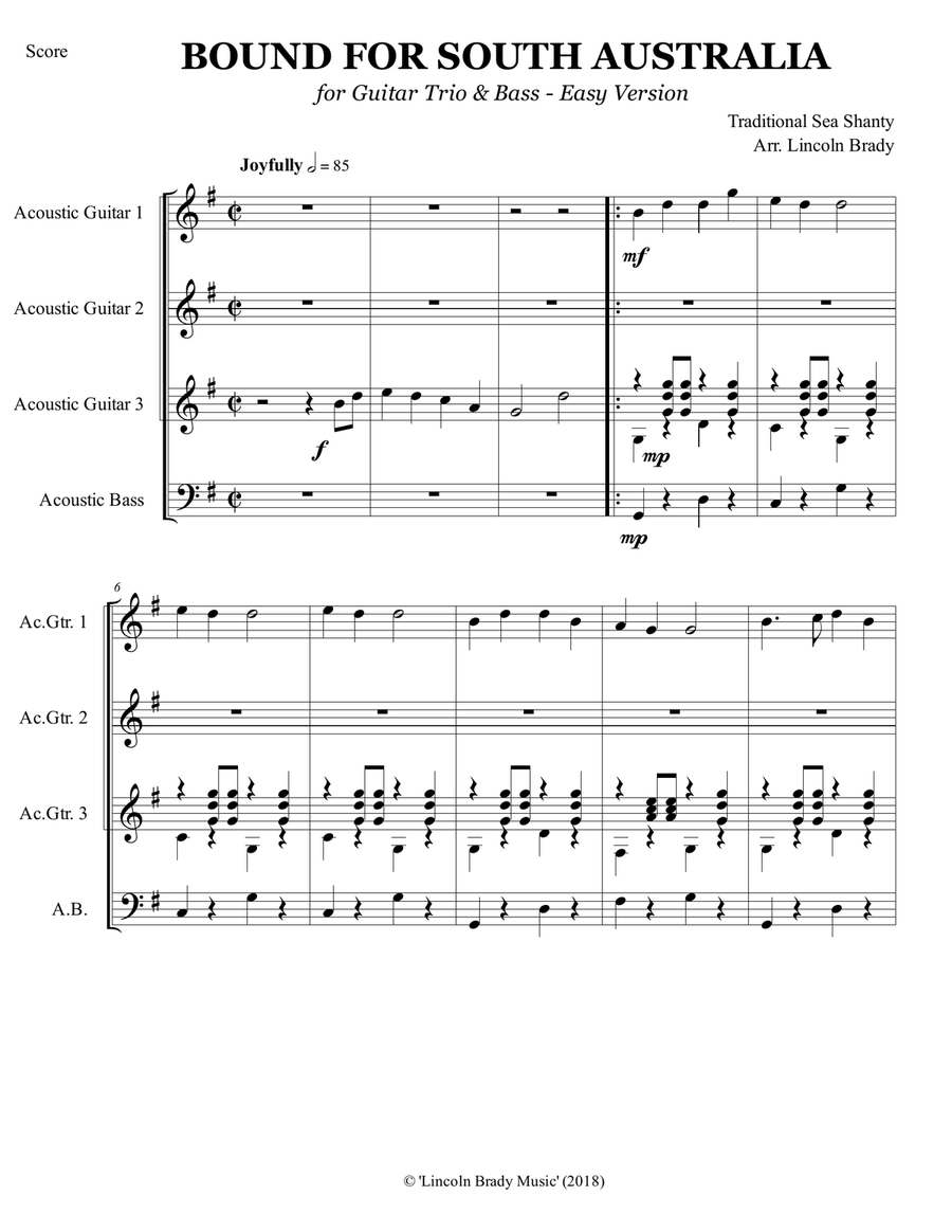 BOUND FOR SOUTH AUSTRALIA - Easy Guitar Ensemble (Score & Parts) image number null