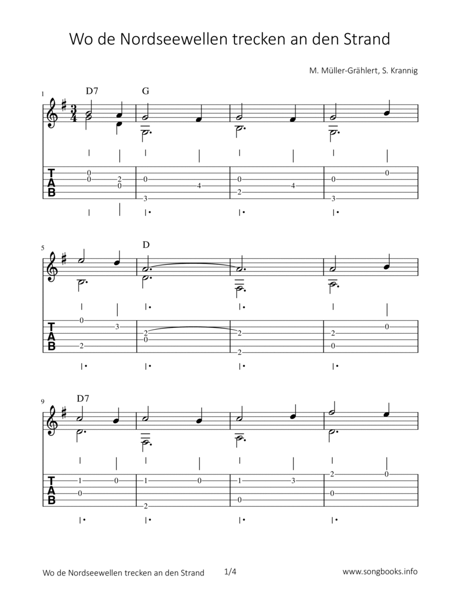 Wo de Nordseewellen trecken an den Strand Acoustic Guitar scores gallery preview page 1