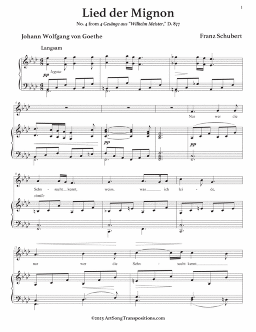 SCHUBERT: Lied der Mignon, D. 877 no. 4 (transposed to F minor, E minor, and E-flat minor)