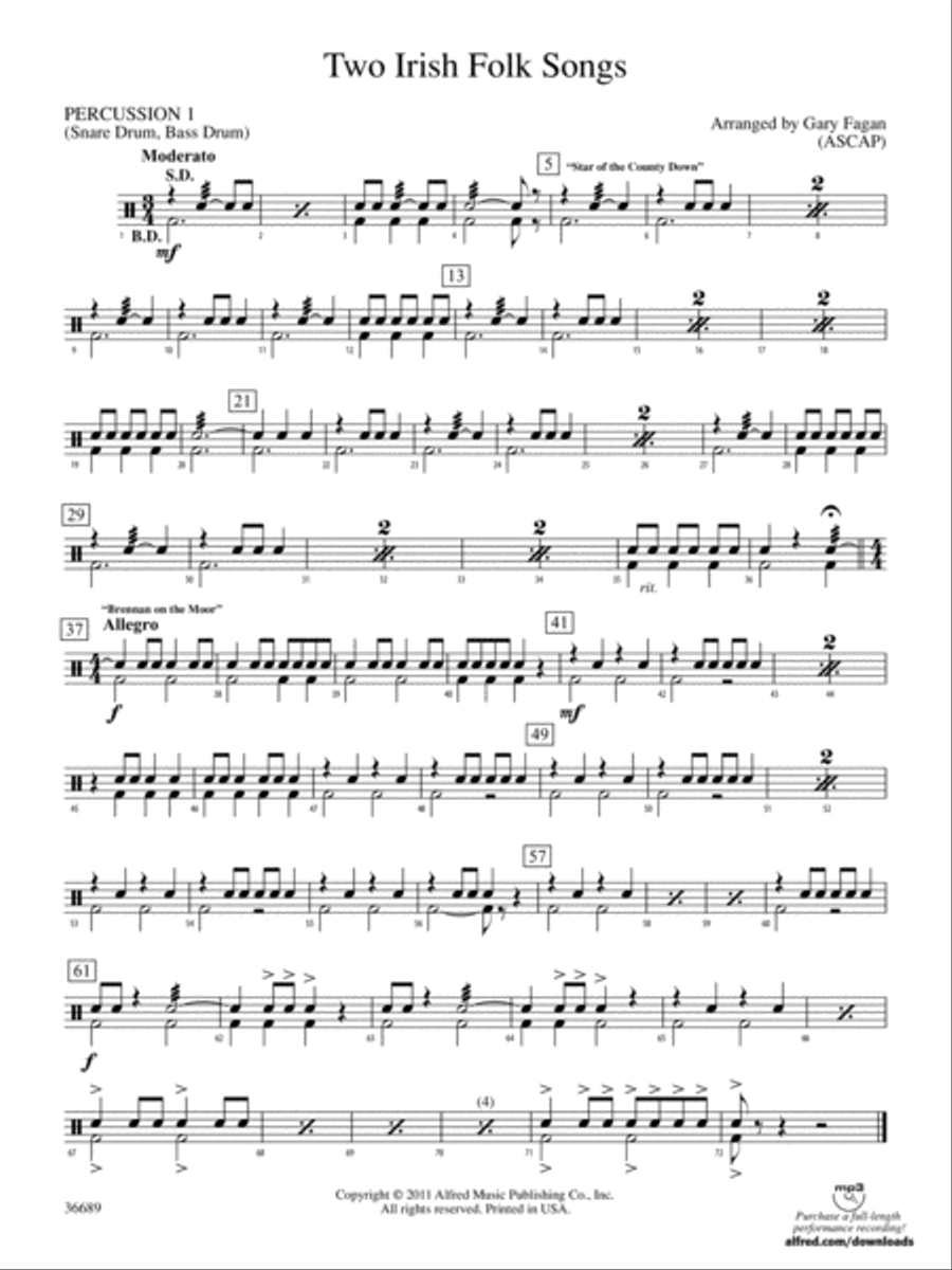 Two Irish Folk Songs: 1st Percussion Concert Band scores gallery preview page 1