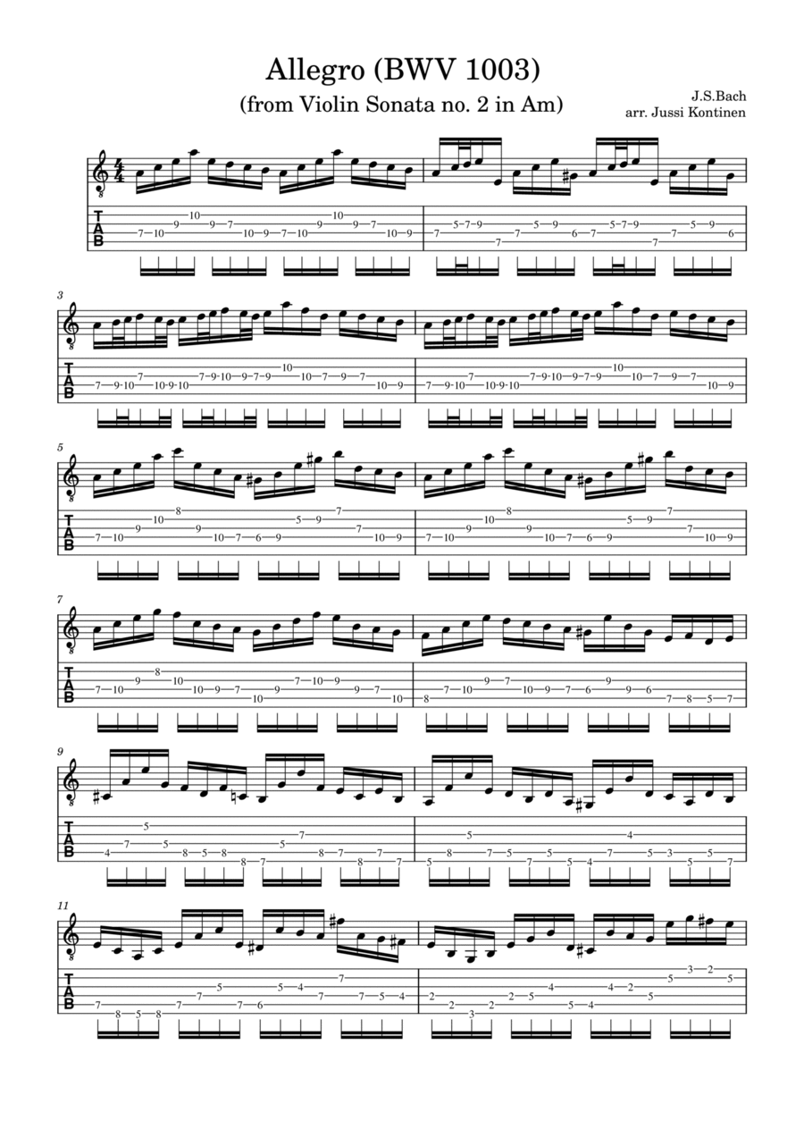 J.S. Bach: Allegro BWV 1003, from Violin sonata no. 2 in Am (Adaptation for Electric Guitar) Violin scores gallery preview page 1