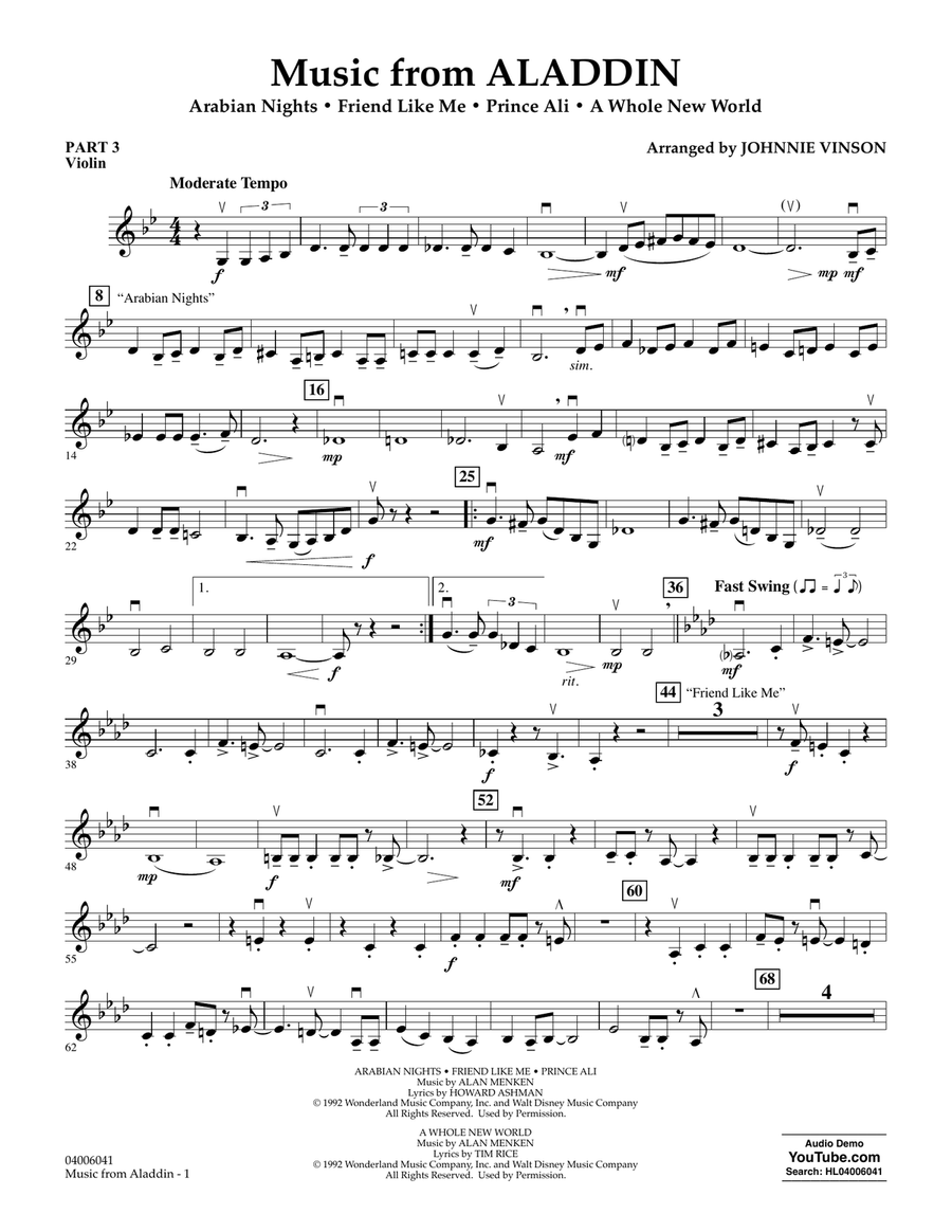 Music from Aladdin (arr. Johnnie Vinson) - Pt.3 - Violin Concert Band scores gallery preview page 1