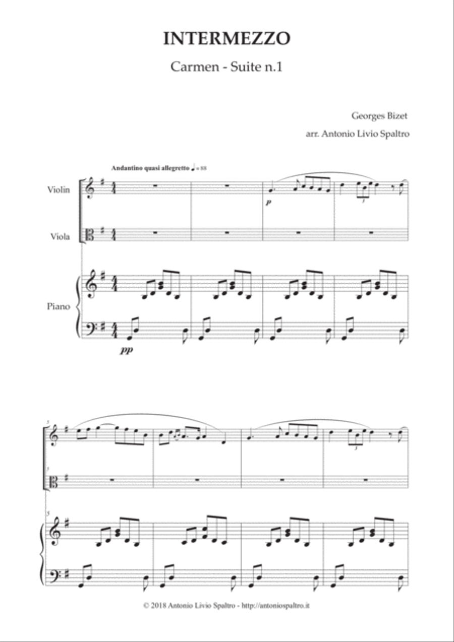 Carmen Intermezzo (Entr'acte) for Piano, Violin and Viola Viola scores gallery preview page 2