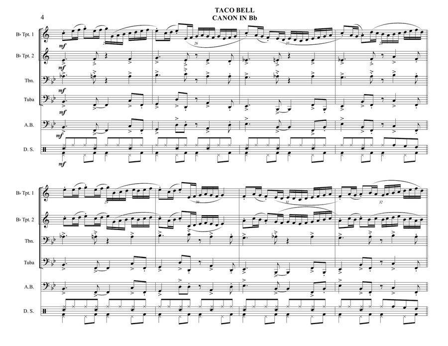 TACO BELL CANON IN Bb - Brass Quartet with optional Acoustic Bass and Drum Set parts - Bossa Nova Small Ensemble scores gallery preview page 4