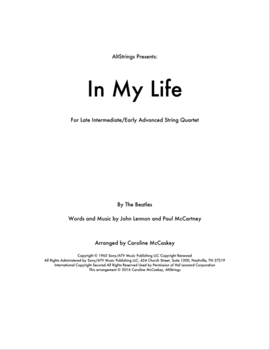 In My Life String Quartet scores gallery preview page 1