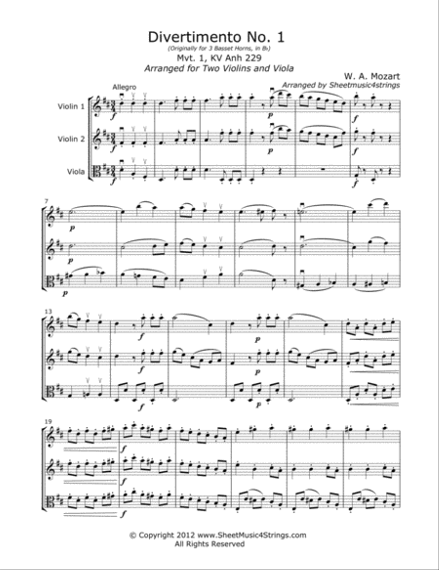 Mozart, W. - Divertimento No. 5 (Mvt. 1) for Two Violins and Viola String Trio scores gallery preview page 1