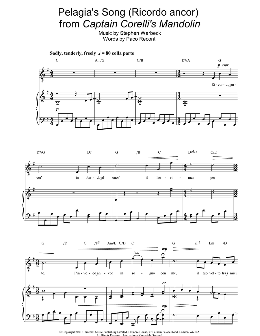 Pelagia's Song (Ricordo ancor) from Captain Corelli's Mandolin Piano, Vocal, Guitar scores gallery preview page 1