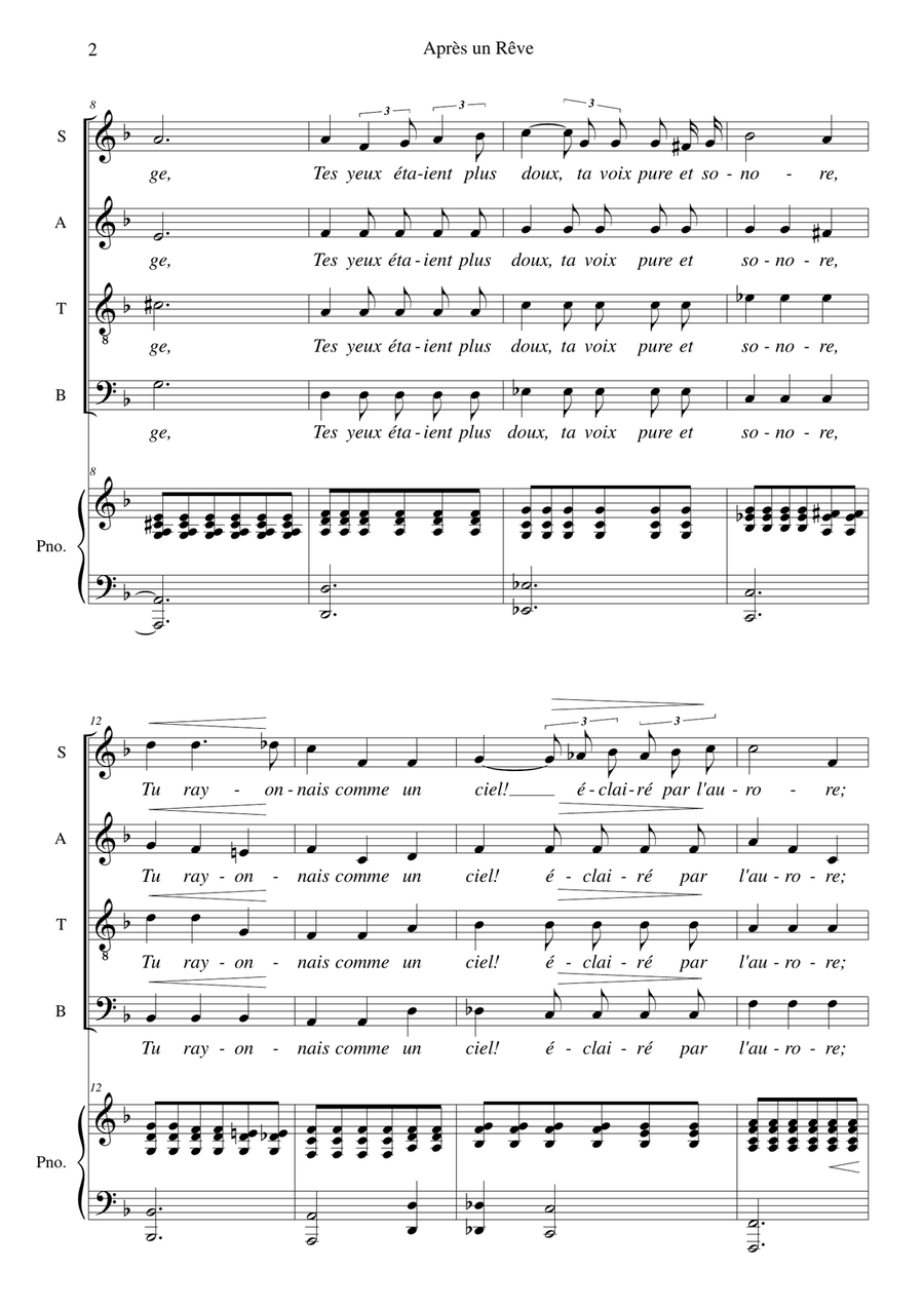 Faure Apres un Reve Op.7 No.1 arranged for SATB choir and piano (or organ) 4-Part scores gallery preview page 2