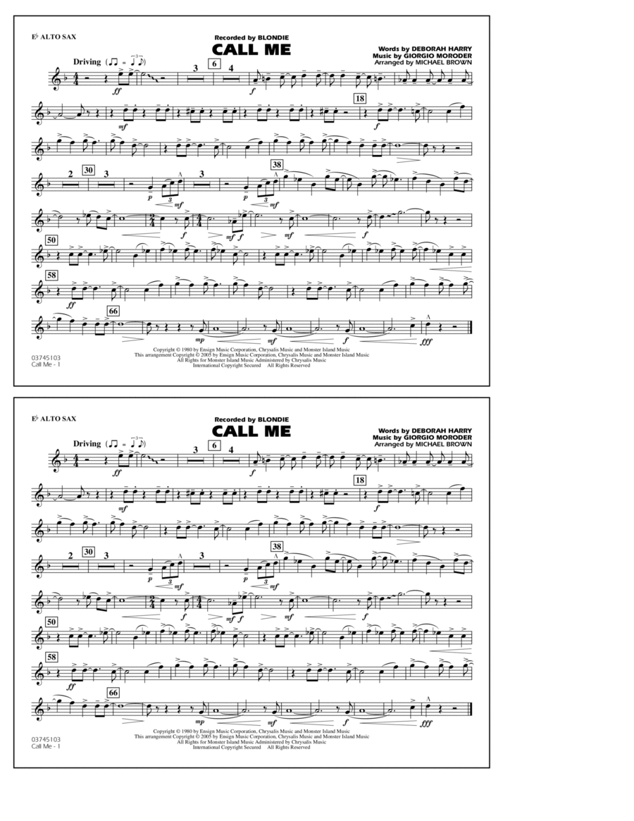 Call Me (arr. Michael Brown) - Eb Alto Sax Marching Band scores gallery preview page 1