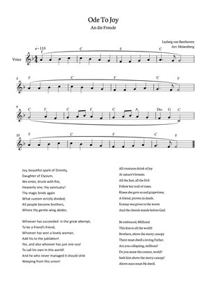 Beethoven - Ode To Joy for voice with chords in F (Lyrics in English)