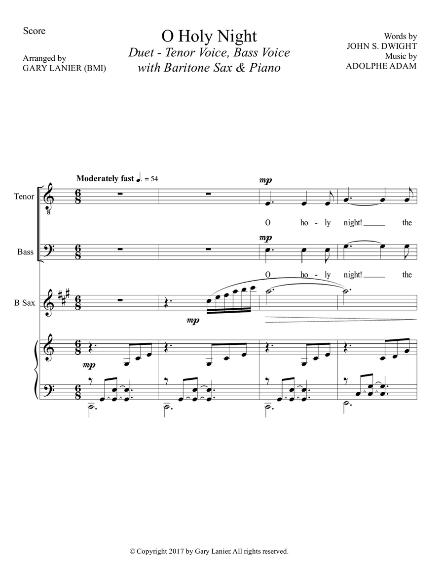O HOLY NIGHT (Duet - Tenor Voice, Bass Voice with Baritone Sax & Piano - Score & Parts included) Small Ensemble scores gallery preview page 2