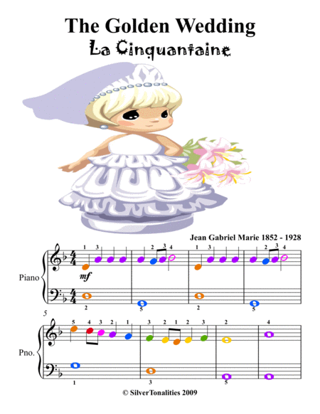 The Golden Wedding La Cinquantaine Easy Piano Sheet Music with Colored Notation