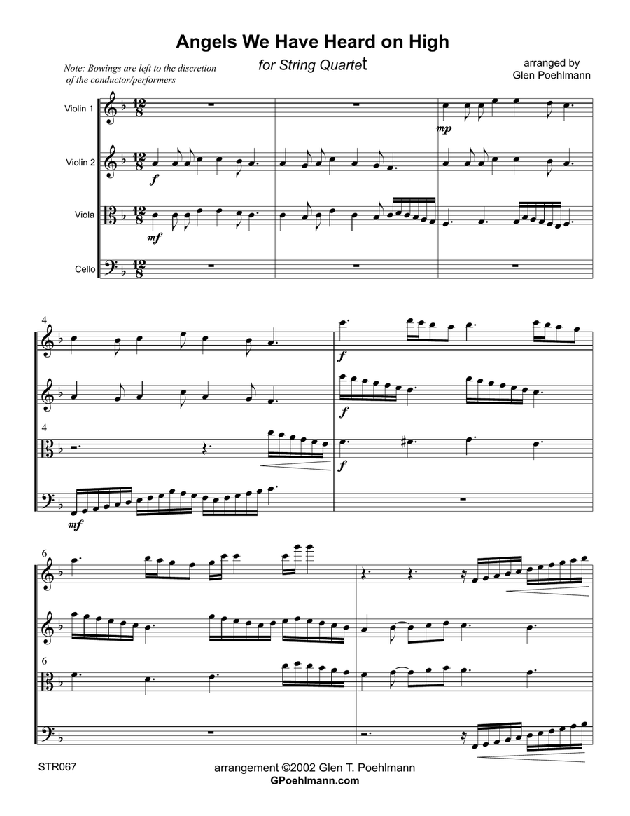 ANGELS WE HAVE HEARD ON HIGH - STRING QUARTET (unaccompanied) A Cappella scores gallery preview page 1