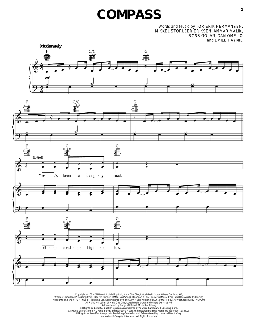 Compass Piano, Vocal, Guitar scores gallery preview page 1