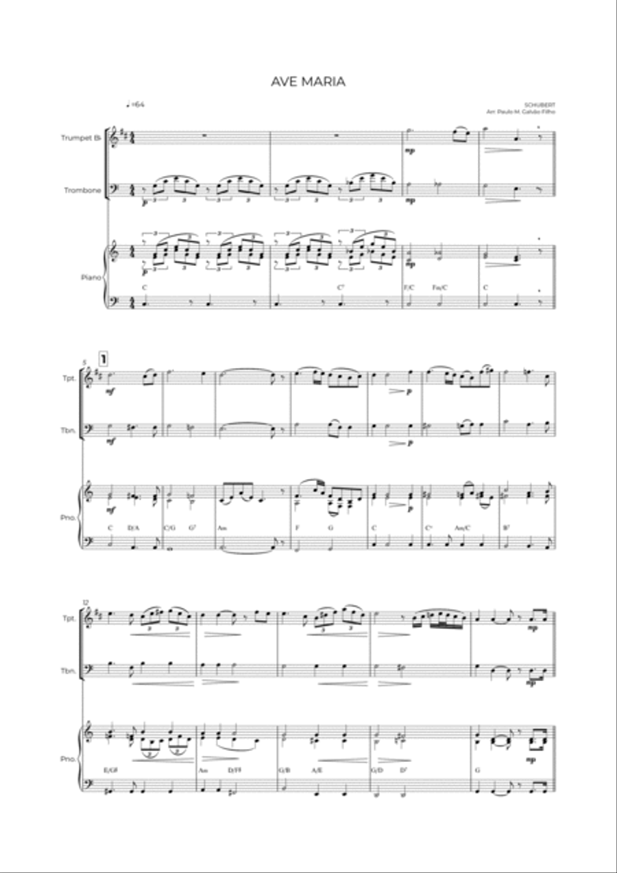 AVE MARIA - SCHUBERT - BRASS PIANO TRIO (TRUMPET, TROMBONE & PIANO) Brass Duet scores gallery preview page 2