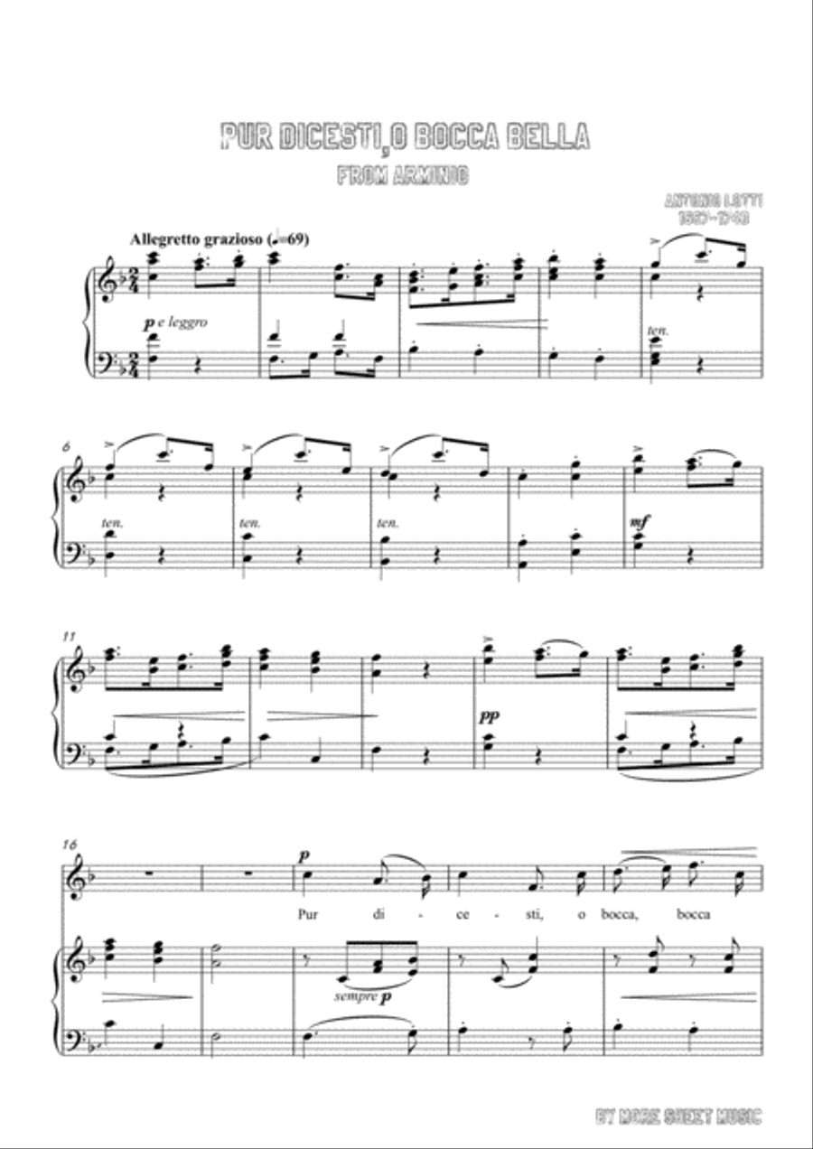 Lotti-Pur dicesti,o bocca bella in F Major,for Voice and Piano Voice Solo scores gallery preview page 3