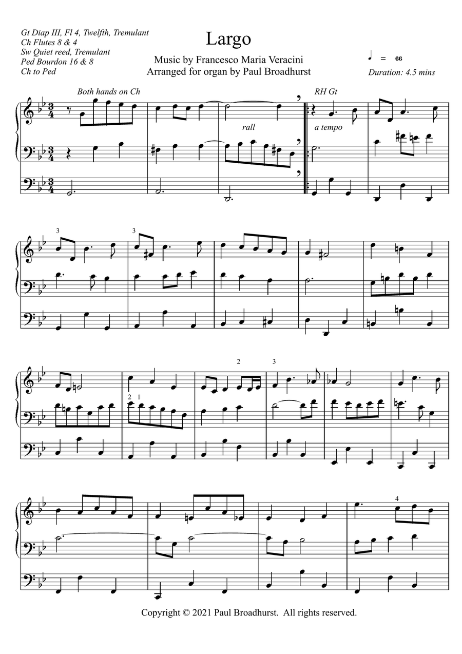Largo by Veracini, arranged for pipe organ Organ Solo scores gallery preview page 1