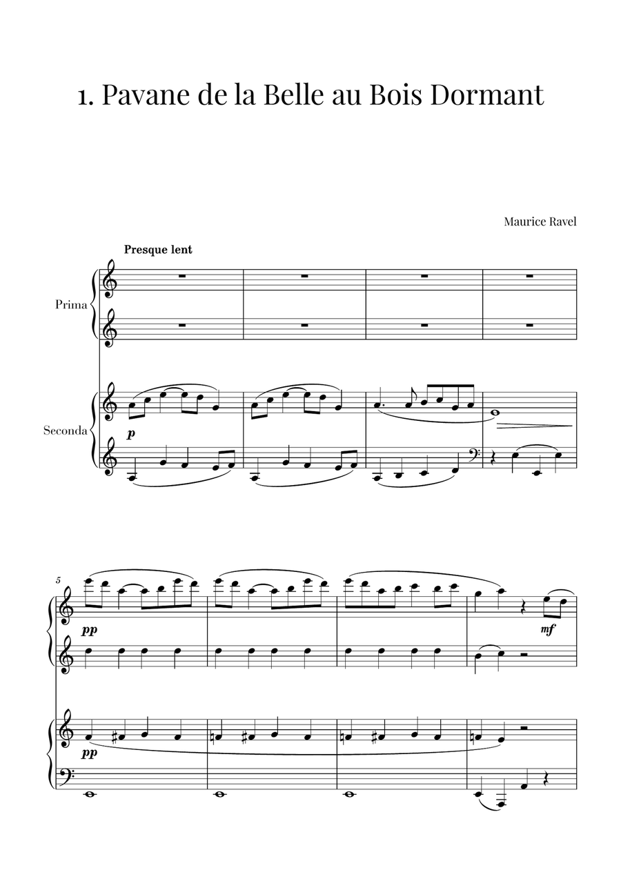 M. Ravel - Pavane de la Belle au bois dormant (for piano 4 hands) Easy Piano scores gallery preview page 1