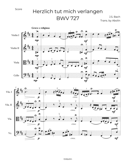 Bach: Herzlich tut mich verlangen, BWV 727 - String Quartet image number null