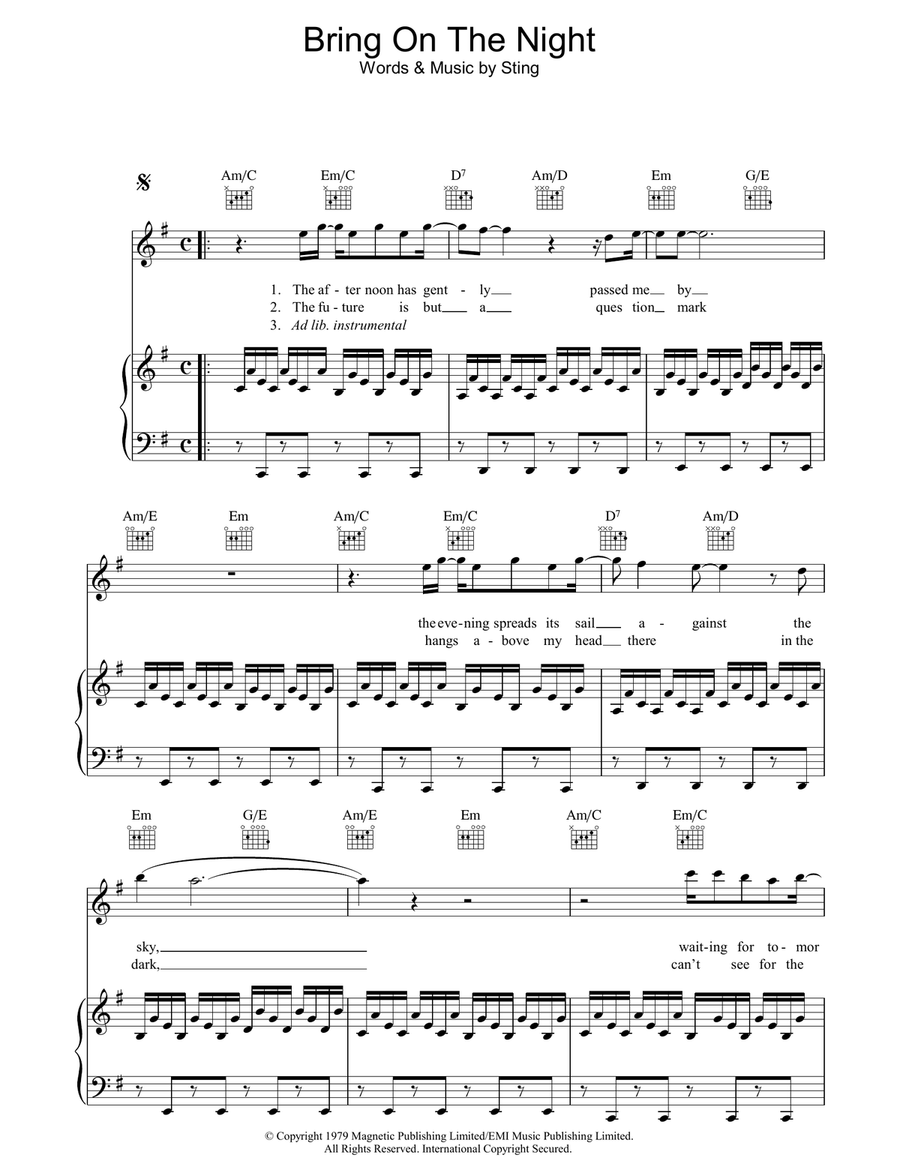 Bring On The Night Piano, Vocal, Guitar scores gallery preview page 1
