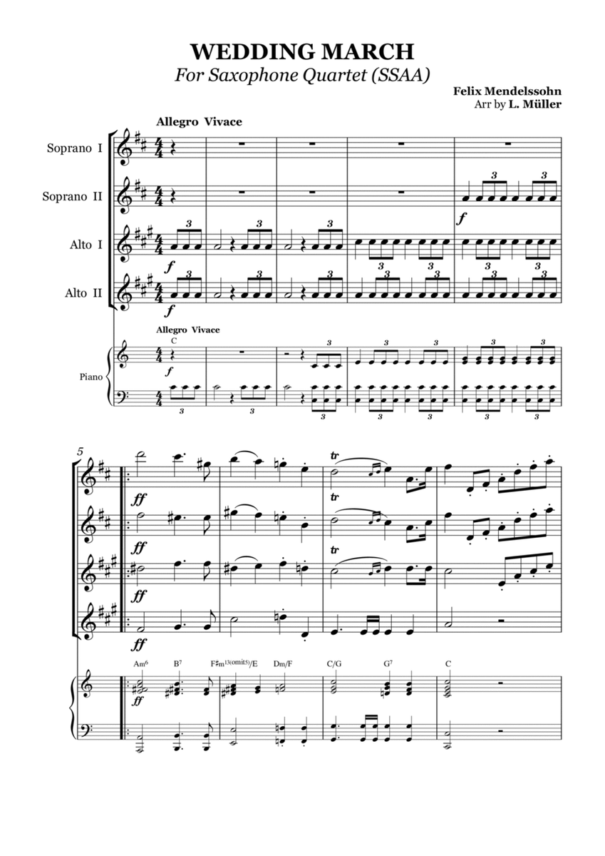Wedding March - For Saxophone Quartet (SSAA) and Piano - With Chords image number null