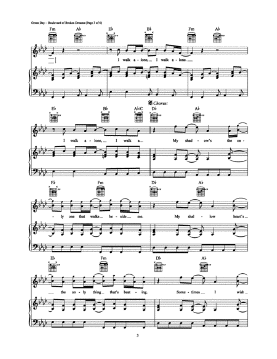 Boulevard of Broken Dreams Piano, Vocal, Guitar scores gallery preview page 3