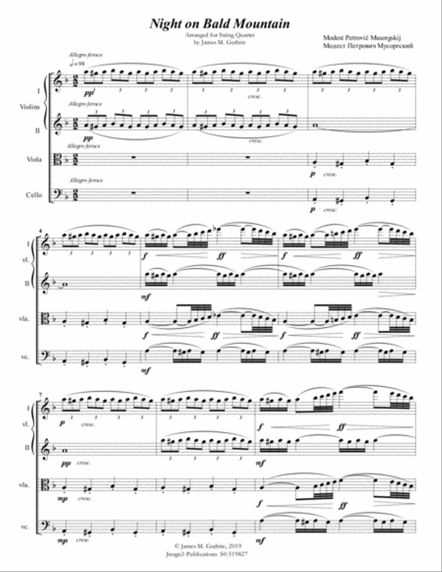 Mussorgsky: Night on Bald Mountain for String Quartet String Quartet scores gallery preview page 1