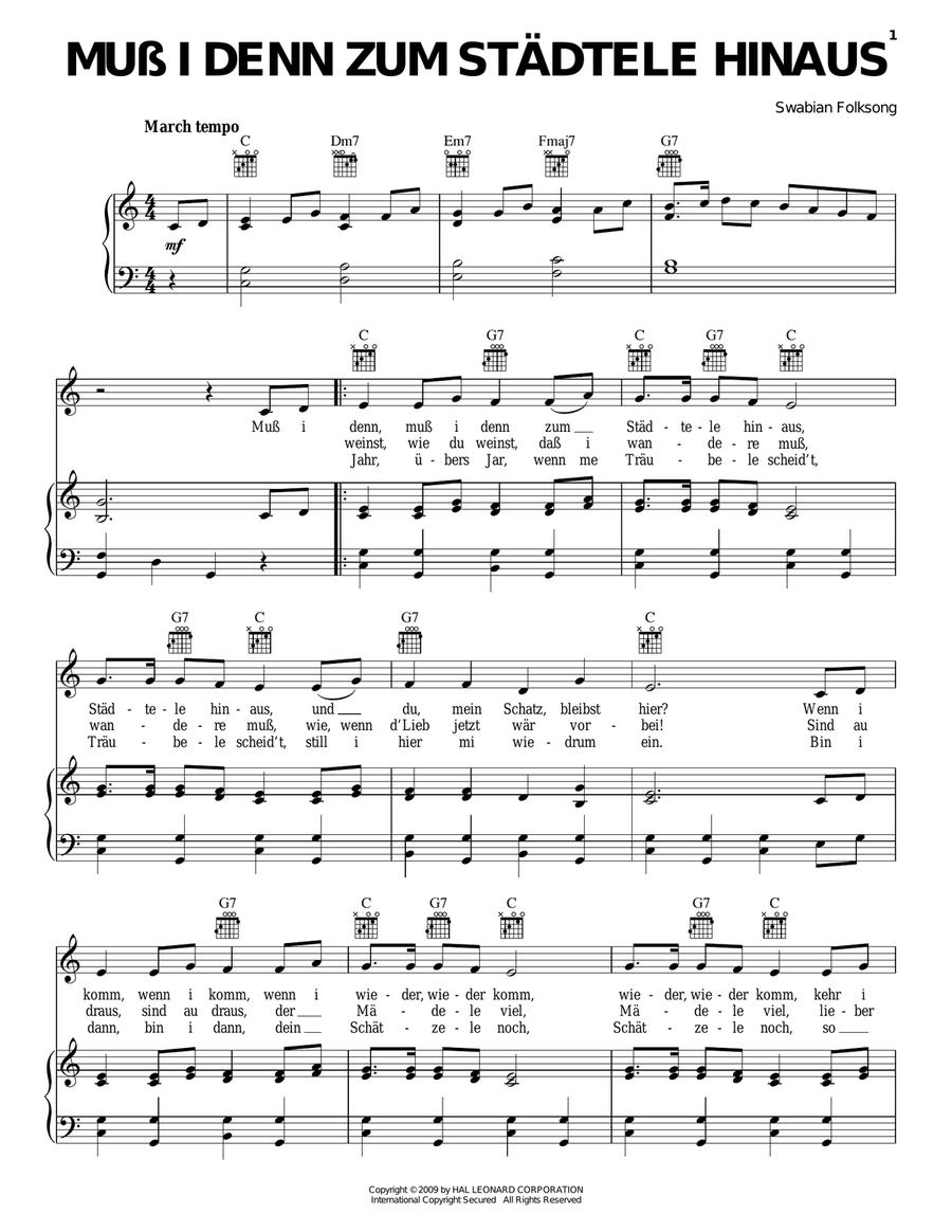 Muss I Denn Zum Stadtele Hinaus Piano, Vocal, Guitar scores gallery preview page 1
