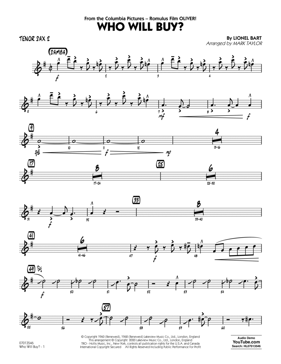 Who Will Buy? (from Oliver) (arr. Mark Taylor) - Tenor Sax 2