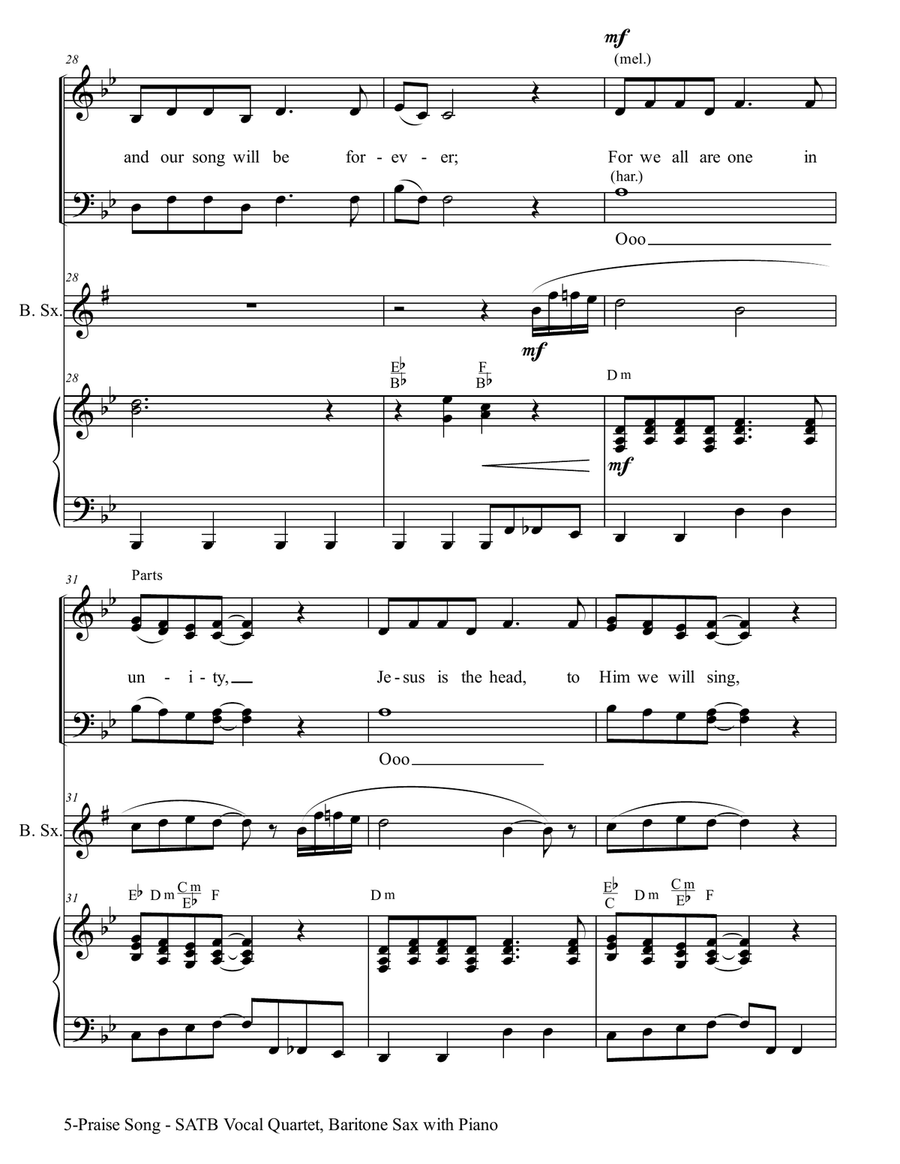 PRAISE SONG (SATB Vocal Quartet with Baritone Sax & Piano) image number null