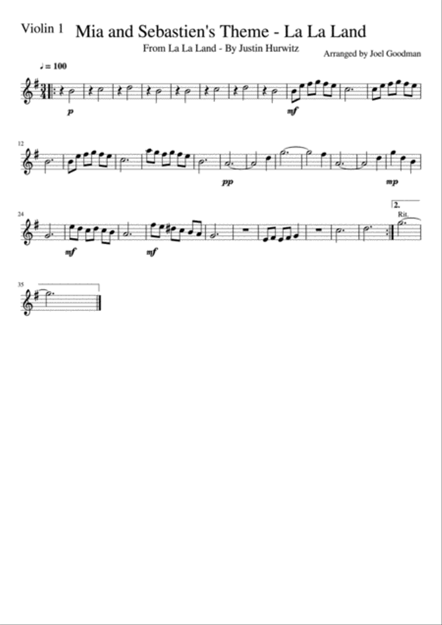 Mia & Sebastian's Theme String Quartet scores gallery preview page 3