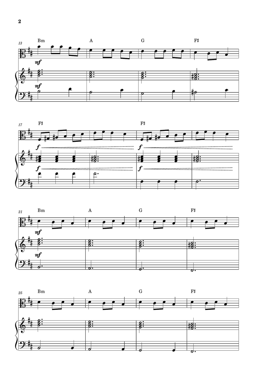 Carol of the Bells for Viola and Piano (Very Easy - Beginner) in B minor - With Chords Piano scores gallery preview page 2
