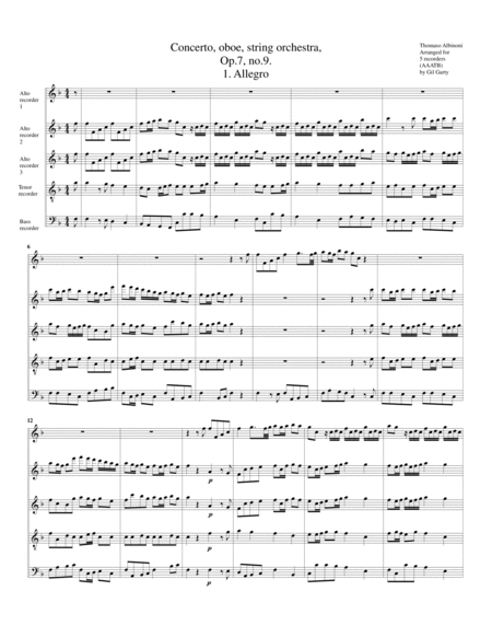 Concerto for oboe and string orchestra, Op.7, no.9 (Arrangement for 5 recorders)