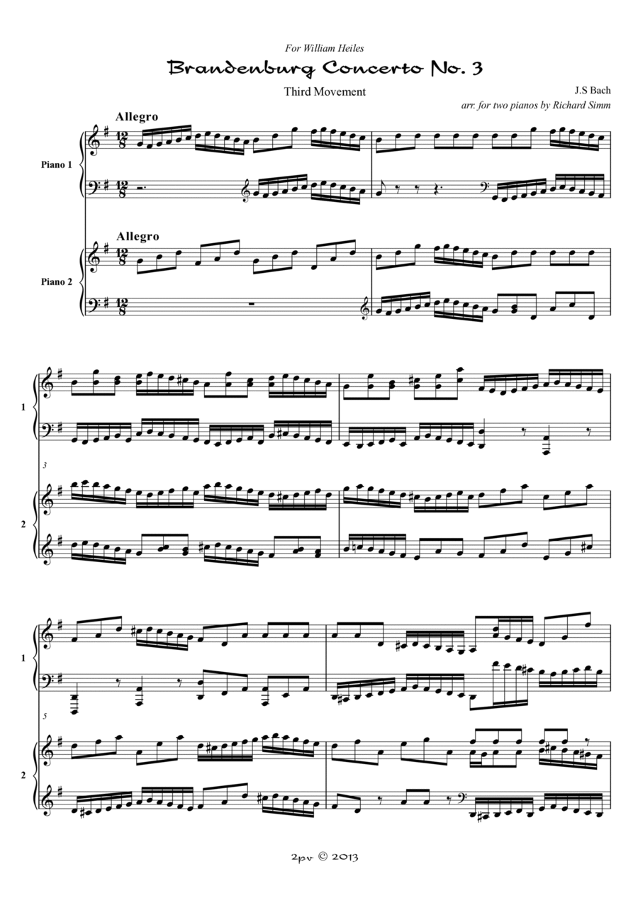 Brandenburg Concerto No. 3, Third Movement, for 2 pianos Piano scores gallery preview page 1